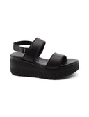 Sandalo nero in pelle con zeppa donna