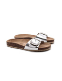 Sandalo a fascia in pelle metallizzata