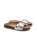 Sandalo a fascia in pelle metallizzata